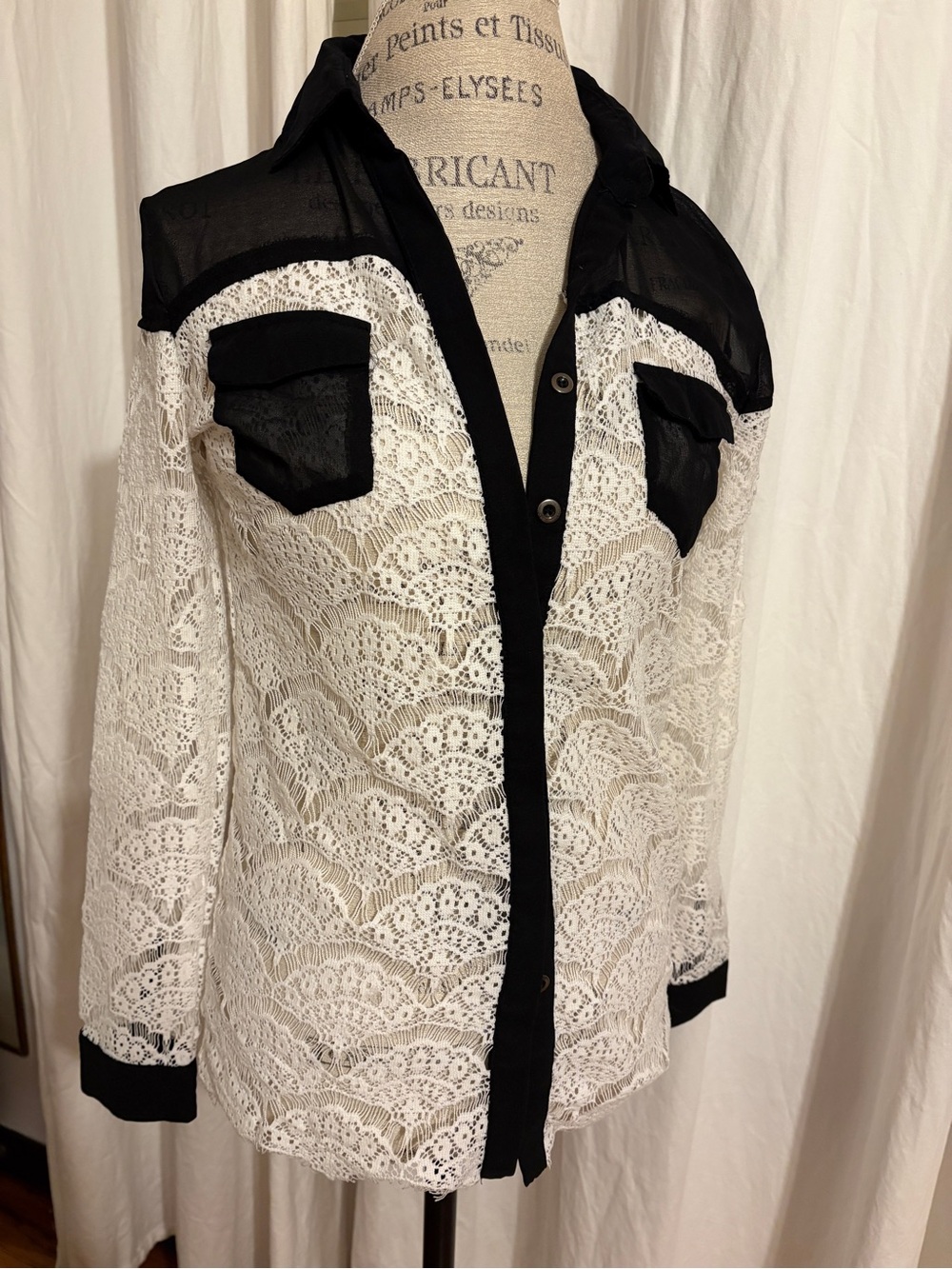 Vtg y2k Peppe Peluso Black sheer/white lace button up shirt- whimsigoth size S